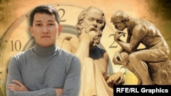 ОшМУнун окутуучусу Шербол Жапаралиев YouTube каналы аркылуу Батыш философиясынын тарыхы тууралуу лекцияларды өтүүдө. Коллаж.