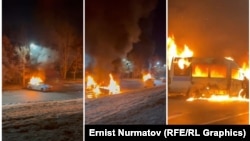 Полициянын автоунааларынын өрттөнүп жаткан видеолору. Казакстан. Nexta Live телеграм-каналы тараткан видеолордон алынган скриншот.