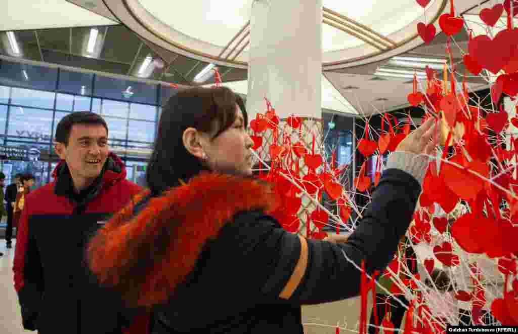Бул күндү белгилөө үчүн шаардагы соода борборлорунун биринде &ldquo;Сүйүү дарагы&rdquo; аттуу акция өткөрүлдү. Ага сүйүшкөн түгөйлөр өз каалоо-тилектерин жүрөкчөгө жазып калтырышууда.
