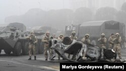 Kazakh soldiers line the streets of Almaty, Kazakhstan, on January 6, 2022, after mass anti-government protests erupted across the country. 