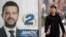 A pedestrian walks past a campaign poster for Jakov Milatovic in Podgoricaahead of the vote.