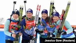 Біатлоністки жіночої збірної України (зліва направо) Віта Семеренко, Анастасія Меркушина, Юлія Джима і Валентина Семеренко. Естерсунд, 16 березня 2019 року