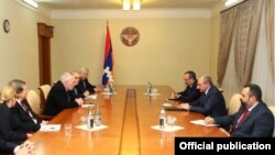 Nagorno Karabakh - Bako Sahakian (C,R), the leader of Nagorno Karabakh, meeting with the OSCE Minsk Group co-chairs in Stepanakert,18Feb,2015