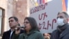 Karin Tonoyan (C), leader of the “5165” opposition movement, addresses a rally in front of the central government office in Yerevan, Armenia, November 22, 2021.