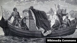 Гравюра ХІХ століття. Петро І перевозить мощі Олександра Невського до Санкт-Петербургу