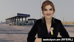 Armenia - A photo of Vagharshapat Mayor Diana Gasparian juxtaposed against a view of a gas station owned by her father-in-law.