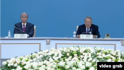 Ղազախստան - Քասիմ-Ժոմարտ Տոկաևը (ձախից) և Նուրսուլթան Նազարբաևը «Նուր Օթան»-ի համագումարի ժամանակ, Նուրսուլթան, 23-ը ապրիլի, 2019թ․
