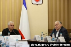 Російський глава Криму Сергій Аксьонов зі спеціальним представником Держдуми РФ з питань міграції та громадянства Костянтином Затуліним у Сімферополі, листопад 2023 року