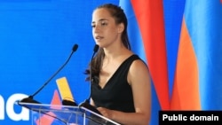 Armenia - Tatevik Revazian, head of Armenia's Civil Aviation Committee, speaks at an official ceremony at Zvartnots airport, June 10, 2022.