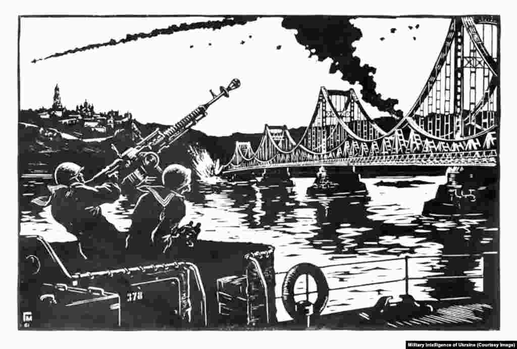 "Жол бербейбиз". 1961-жылы Георгий Малаков тарткан графика. Экинчи дүйнөлүк согуштагы Киев үчүн салгылашууну чагылдырат. Гравюра Украинанын Аскердик чалгын кызматы 11-ноябрда жарыялаган тизмеге кирген жүздөгөн баалуу эмгектердин бири. Бул күнү Украина 2022-жылы Херсон облусун орусиялык күчтөрдөн бошотуп алганынын үч жылдыгын белгиледи. 