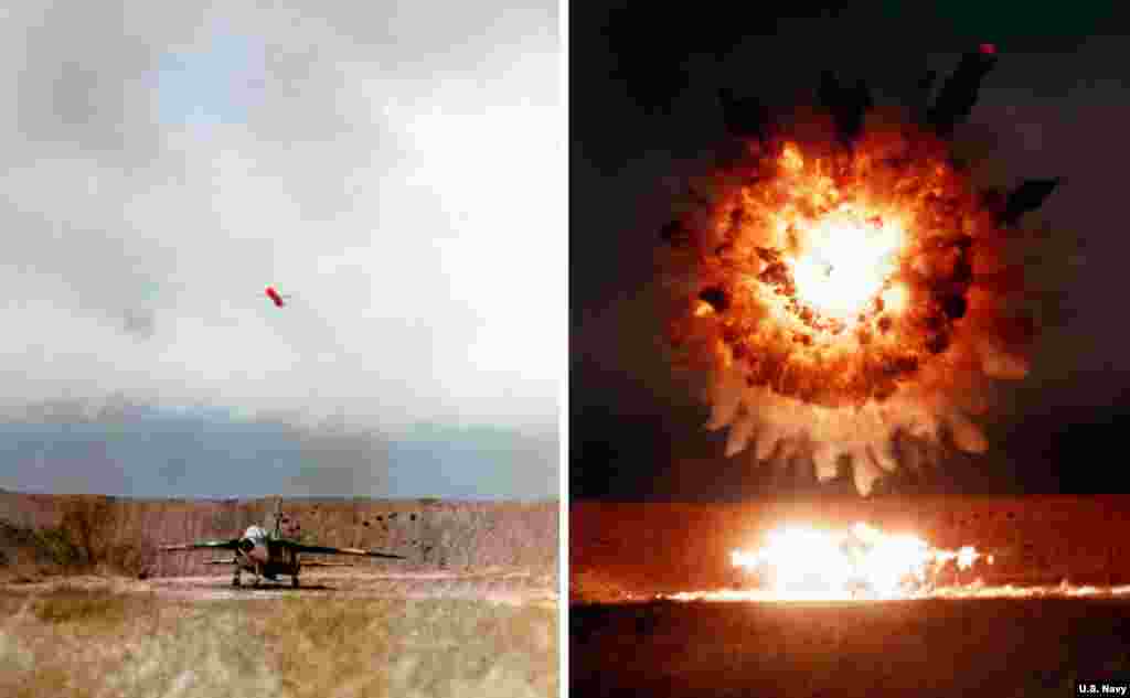 На этом коллаже видно, как «Томагавк» взрывается над самолетом во время испытаний в 1986 году. Ракета длиной 5,5 метра оснащена боеголовкой весом почти полтонны и может пролететь около 1600 километров