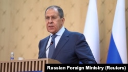 AZERBAIJAN -- Russian Foreign Minister Sergei Lavrov speaks during a joint news conference with Azerbaijan's Foreign Minister Jeyhun Bayramov following their meeting in Baku, Azerbaijan May 11, 2021. 
