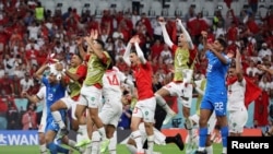 Մարոկկոյի ընտրանին տոնում է հաղթանակը, Քաթար, 27 նոյեմբերի, 2022թ.