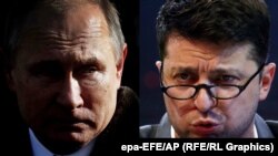 Колаж: президент України Володимир Зеленський (праворуч) і президент Росії Володимир Путін