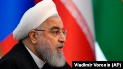 حسن روحانی رئیس جمهور ایران حین صحبت در اجلاس سازمان همکاری شانگهای در قرغزستان. June 14, 2019