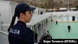 An Italian police officer at a migrant center near the port of Shenjin, Albania, on October 11, 2024.