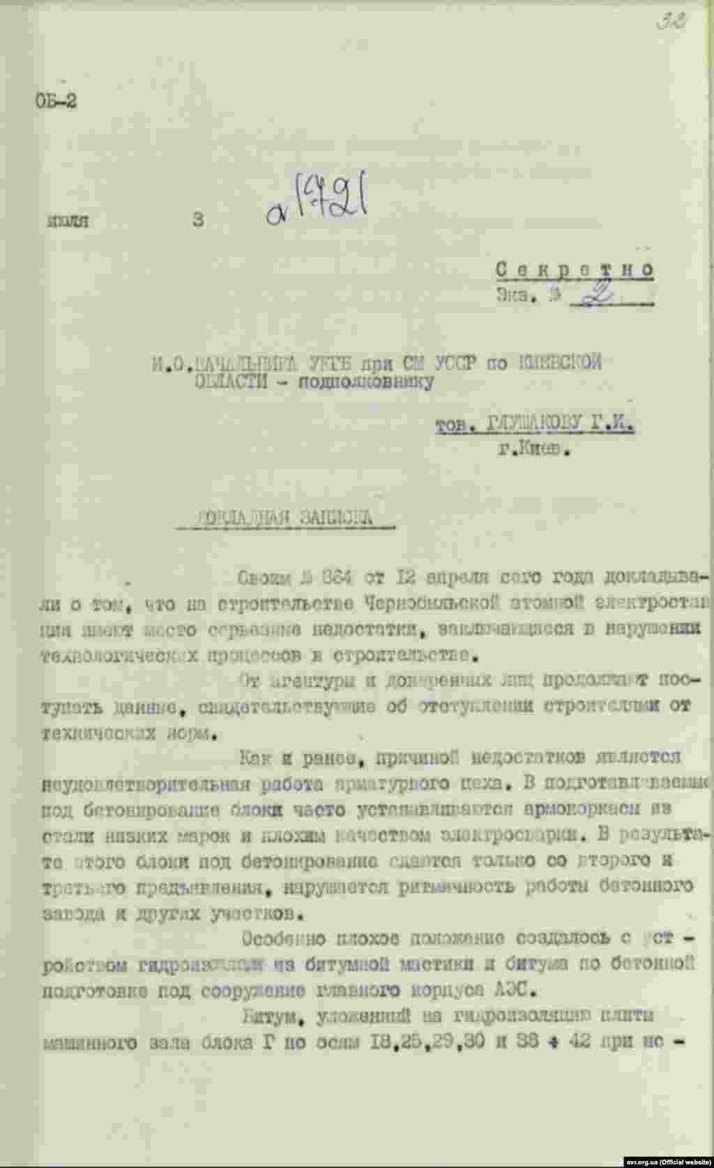 Доповідна записка майора Тютюнника щодо будівництва ЧАЕС