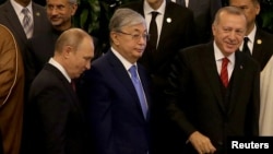 Лидеры России, Казахстана и Турции на саммите по сотрудничеству и мерам доверия в Азии. Душанбе, 15 июня 2019 г.