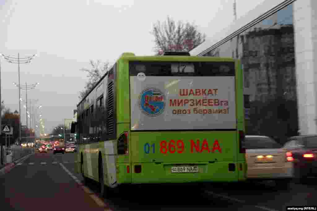 Uzbekistan – An election poster on the bus to support Uzbekistan's prime-minister and presidential candidate Shavkat Mirziyaev, Tashkent, 30Nov2016.
