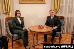 Сустрэча Сьвятланы Ціханоўскай і прэзыдэнта Польшчы Анджэя Дуды ў Варшаве, 9 студзеня 2025 года.