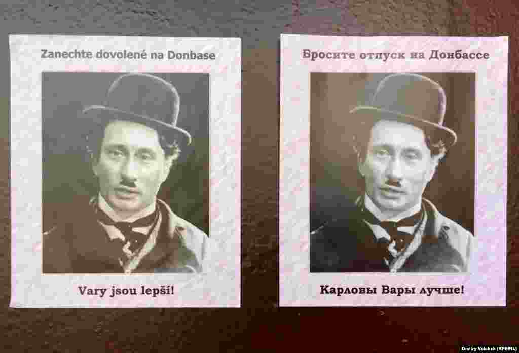 Таинственные карловарские партизаны в прошлом году расклеивали листовки про аннексию Крыма, сейчас же превратили Путина в Чаплина и призывают россиян не проводить отпуск в Донбассе
