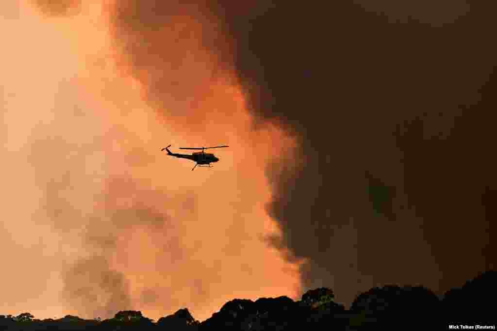 Вертолет тушит пожар в городке Билпин, что в 90 километрах от Сиднея. По сведениям метеорологического бюро Австралии, средняя температура воздуха на континенте с 1910 года поднялась на один градус по Цельсию. Ученые считают, что повышение температуры и сухая погода будут способствовать распространению огня и возникновению новых очагов.&nbsp;