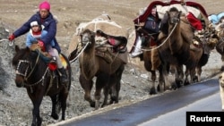 Казахи Синьцзян-Уйгурского автономного района Китая во время кочевки на летние пастбища. 23 сентября  2010 года. Иллюстрационное фото. 