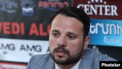 Armenia - Lawyer Alexander Kochubayev speaks during a news conference in Yerevan. 