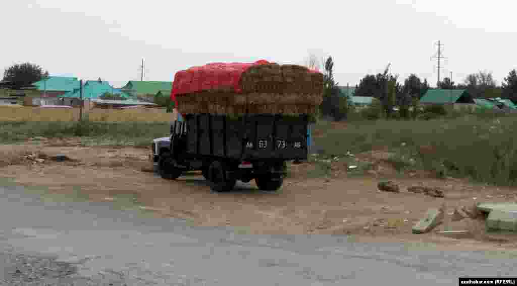 Çoganlyda üsdi ýükli, odun satýan maşynlaryň biri müşderilere garaşýar.