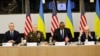 (Left to right) NATO Secretary-General Jens Stoltenberg, Chairman of the U.S. Joint Chiefs of Staff General Mark Milley, U.S. Defense Secretary Lloyd Austin, and Ukrainian Defense Minister Oleksiy Reznikov attend a NATO defense ministers meeting in Brussels on February 14.