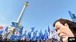 Украин оппозициясынын президент Виктор Януковичтин бет кебин кийген мүчөсү саясый репрессияны токтотууну жана Юлия Тимошенконун абактан чыгарууну талап кылган Киевдеги демонстрация кезде. 25-февраль 2013