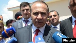 Armenia - Prime Minister Hovik Abrahamian talking to reporters in Kosh, 16May2014.
