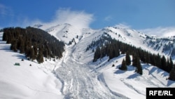 Устойчивый глубокий снежный покров в районе Кок-Жайляу зимой и до середины весны держится в основном на северных склонах Кумбеля. Однако эти же склоны лавиноопасны. На фото — след мощной лавины, сошедшей со склона Кумбеля. Лавина перекрывает и заваливает пешеходную тропу и лыжную трассу, которую прокладывают любители горных лыж, поднимающиеся туда пешком. Выжить, оказавшись на пути такой лавины, маловероятно. 22 марта 2010 года.