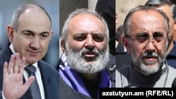 Слева направо: премьер-министр Армении Никол Пашинян, архиепископ Армянской апостольской церкви Баграт и архиепископ Микаэл Аджапаян. Коллаж