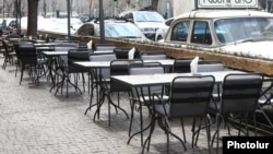 An empty street cafe in downtown Yerevan at the start of the coronavirus pandemic in March 2020