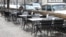 An empty street cafe in downtown Yerevan at the start of the coronavirus pandemic in March 2020