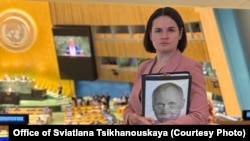 Сьвятлана Ціханоўская ў зале Генэральнай асамблеі ААН. Нью-Ёрк, ЗША. 23 верасьня 2025 году 