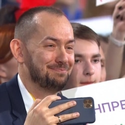 Український журналіст Роман Цимбалюк на пресконференції президента Росії Володимира Путіна. Москва, 19 грудня 2019 року