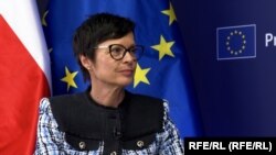 EU Enlargement Commissioner Marta Kos is interviewed by RFE/RL in Prague.