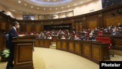 Armenia-Gevor Gorgisian of the opposition Bright Armenia Party addreses fellow lawmakers during a parliament session, Yerevan, November 26, 2020.