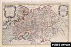 Карта Московии Николы Сансона, опубликованная Юбером Жайо («Пиратская» версия, издана в 1692 году в Амстердаме Пьером Мортье). Здесь интересно линейная раскраска (как и на карте, которую рассматривал Путин). Но опять же: Украина не закрашена как часть Московии