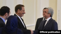 Հայաստանի նախագահը ողջունում է Իրանի առաջին փոխնախագահին, 15-ը հոկտեմբերի, 2015թ. 