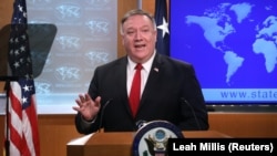 U.S. Secretary of State Mike Pompeo addresses a news conference at the State Department in Washington on April 7.