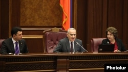 Armenia - Speaker Galust Sahakian and his two deputies, Eduard Sharmazanov (L) and Hermine Naghdalian, chair a parliament session, Yerevan, 15Dec2014.
