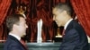 Russia--US President Barack Obama (R) shakes hands with Russian President Dmitry Medvedev (L) at the Kremlin in Moscow on 06Jul2009