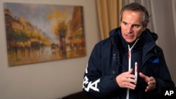 UN atomic energy chief Rafael Grossi speaks to journalists after visiting the Zaporizhzhya Nuclear Power Plant during a press conference in Dnipro on March 29.