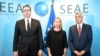 EU foreignpolicy chief Federica Mogherini (middle), Kosovar President Hashim Thaci (right) and Serbian President Aleksandar Vucic meet in Brussels, November 8