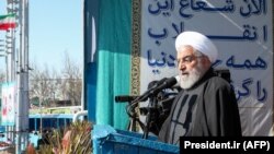 Իրանի նախագահ Հասան Ռոհանին ելույթ է ունենում Թեհրանի Ազատության հրապարակում, 11-ը փետրվարի, 2020թ.