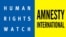 Human Rights Watch and Amnesty International guramalarynyň emblemalary.