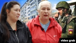 Елена и Светлана Колисниченко, собственники недвижимости в Крыму, их дом и военнослужащий армии РФ. Коллаж